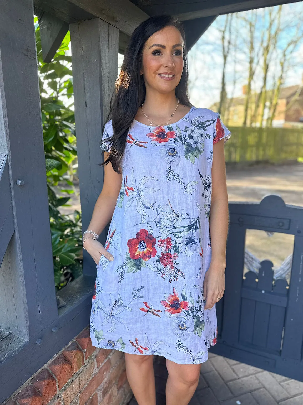 White Floral Linen Dress Thalia