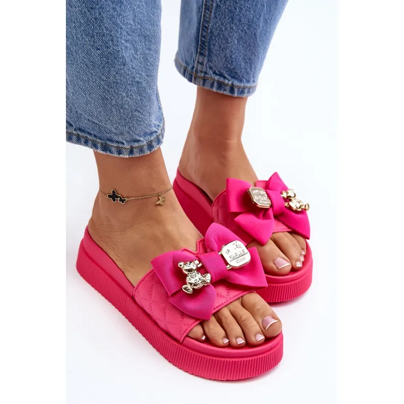 Women's Flip Flops With Bow and Teddy Bear Fuchsia Katterina pink