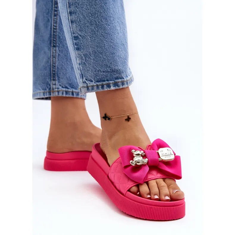 Women's Flip Flops With Bow and Teddy Bear Fuchsia Katterina pink