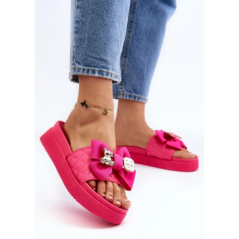 Women's Flip Flops With Bow and Teddy Bear Fuchsia Katterina pink