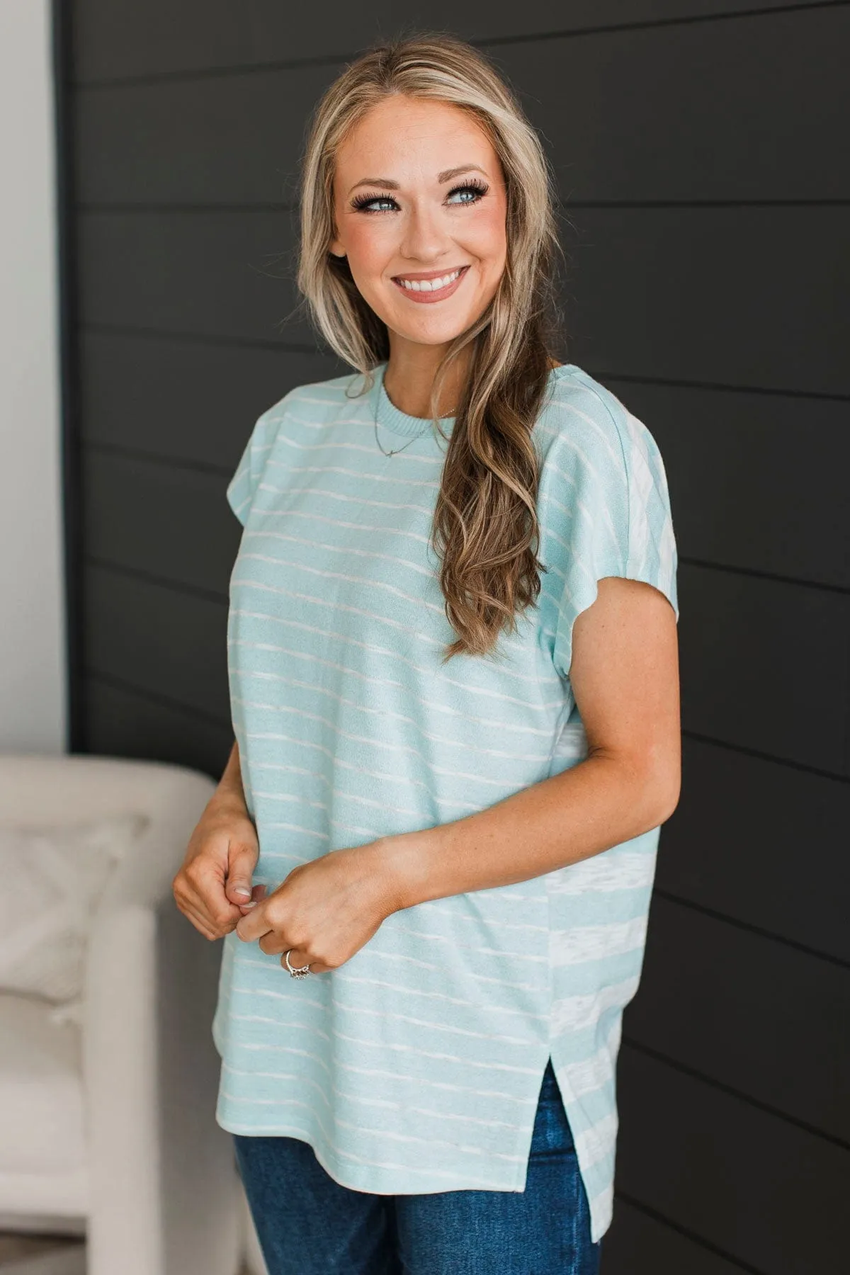 Worth The Hustle Striped Top- Mint Blue