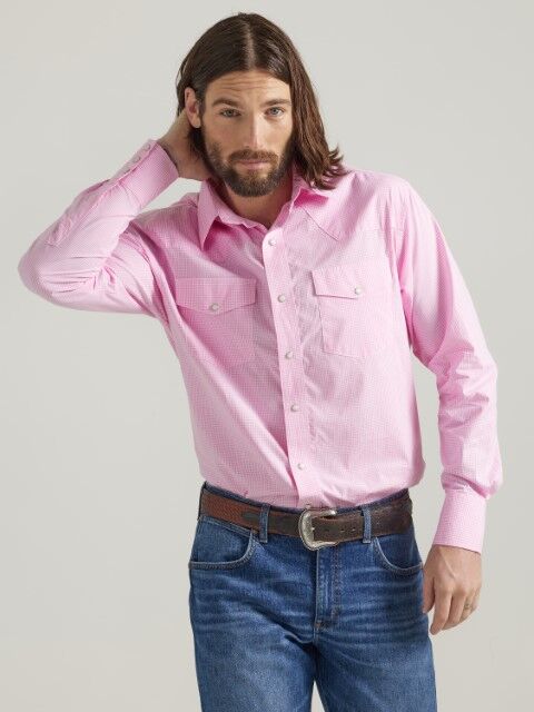 Wrangler Men's Bucking Cancer Long Sleeve Shirt in Fuchsia Pink