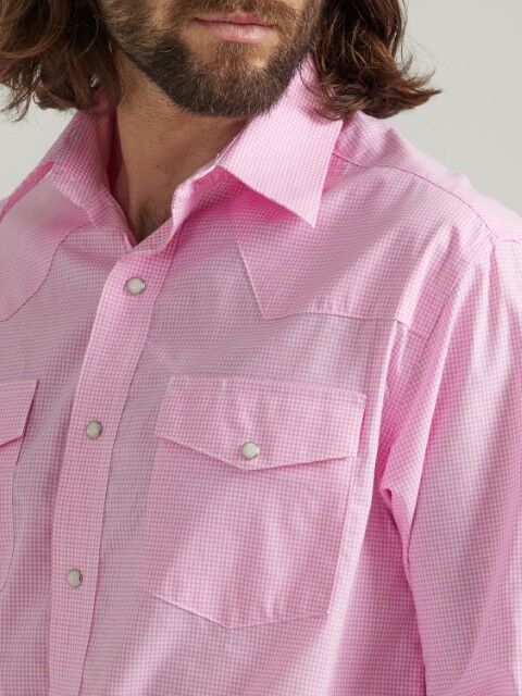 Wrangler Men's Bucking Cancer Long Sleeve Shirt in Fuchsia Pink