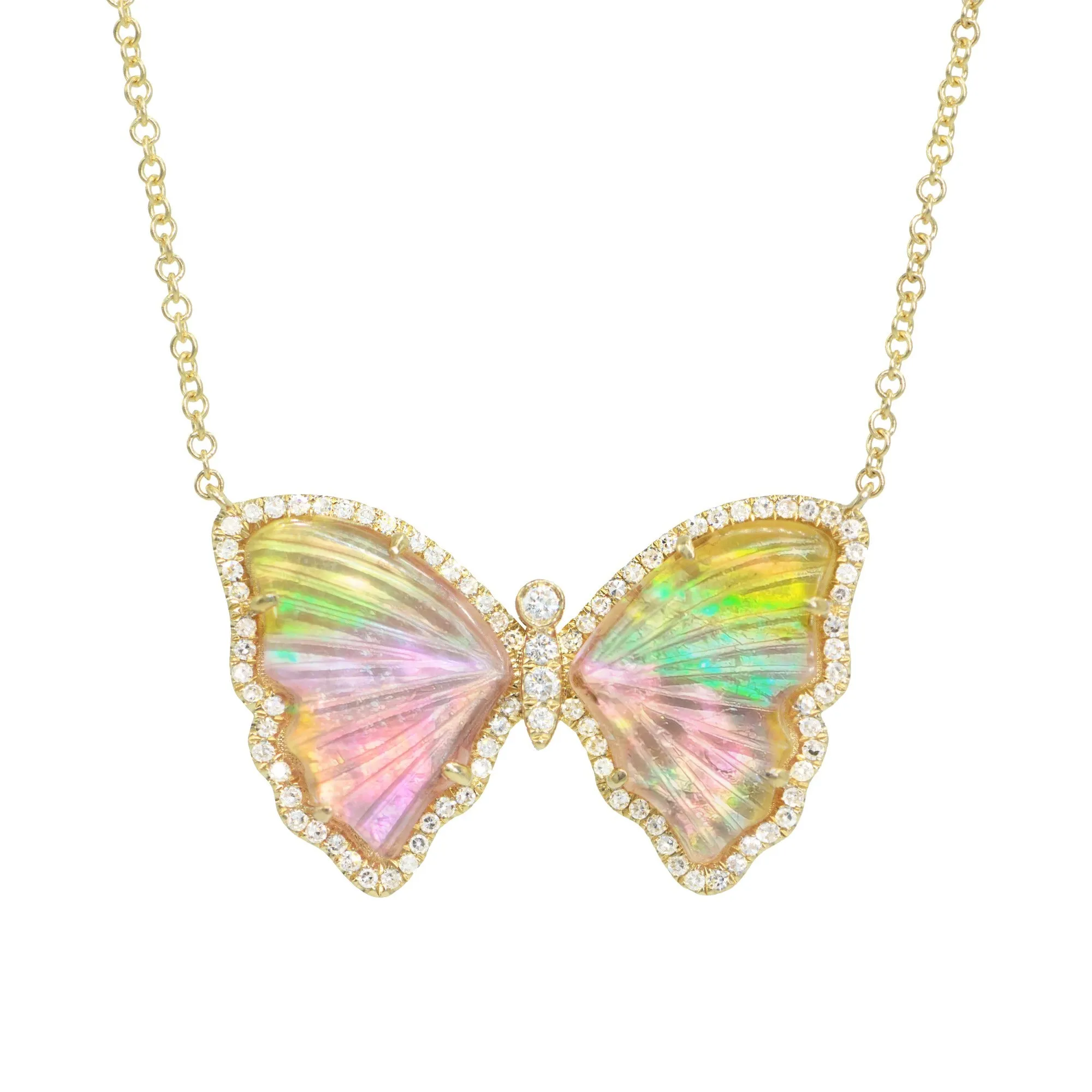 Yellow and Pink Tourmaline Pearl Butterfly Necklace with Diamonds