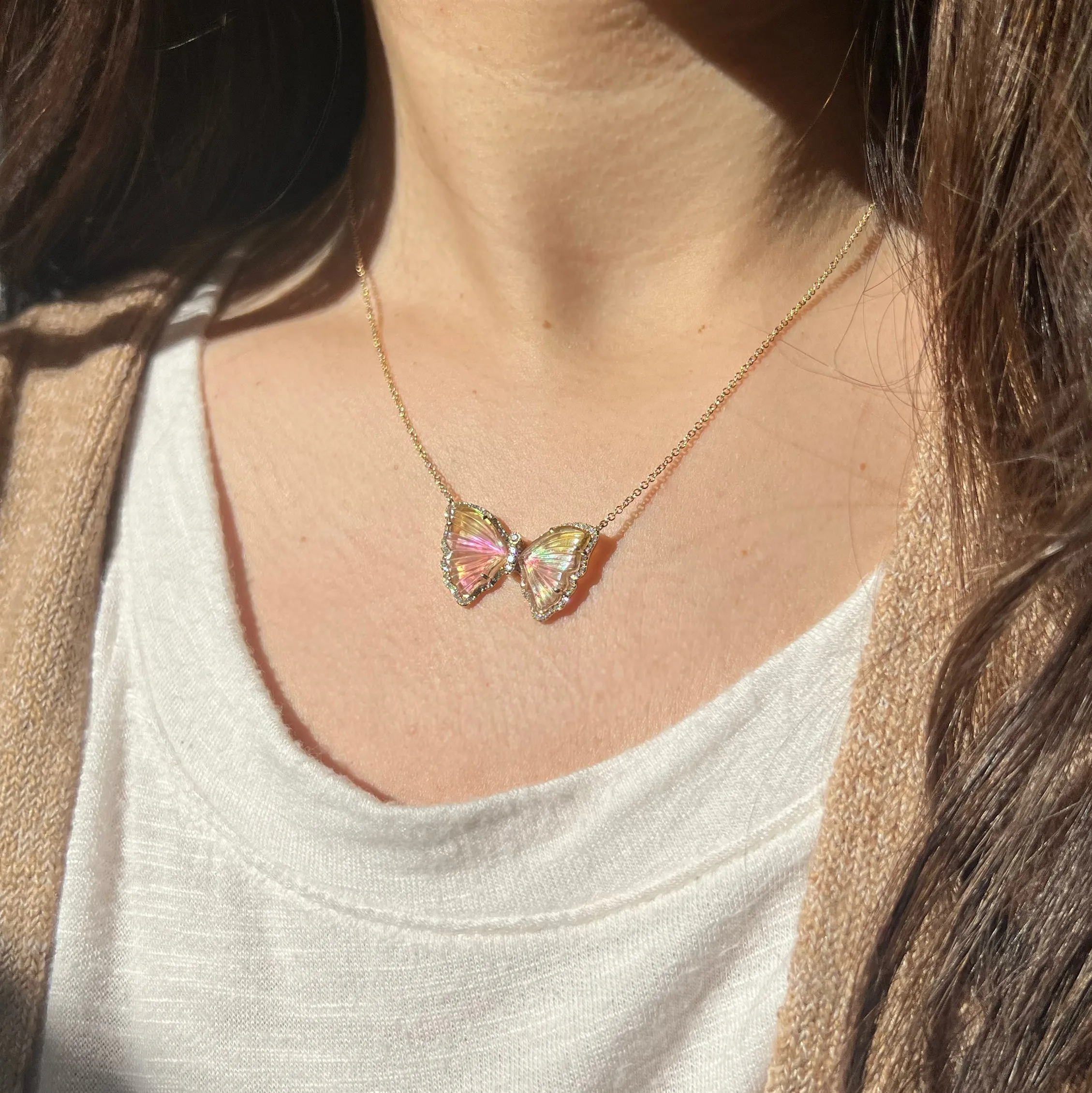 Yellow and Pink Tourmaline Pearl Butterfly Necklace with Diamonds