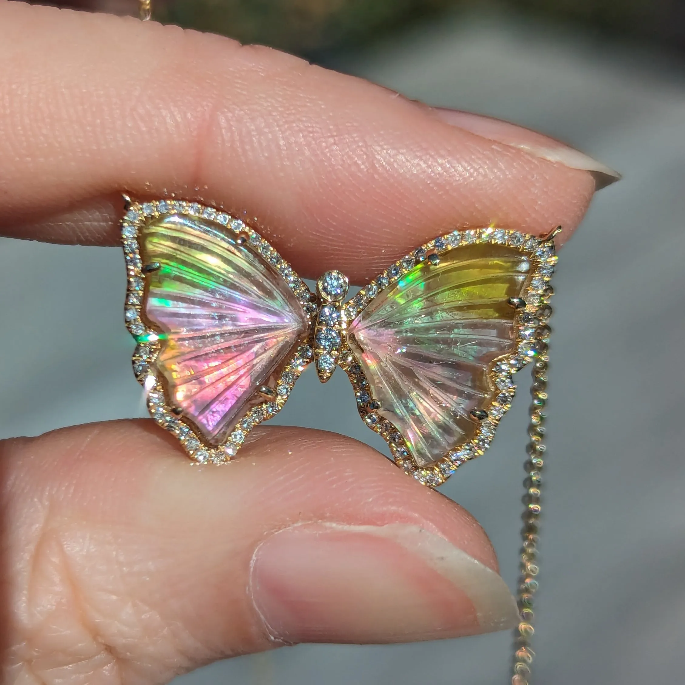 Yellow and Pink Tourmaline Pearl Butterfly Necklace with Diamonds