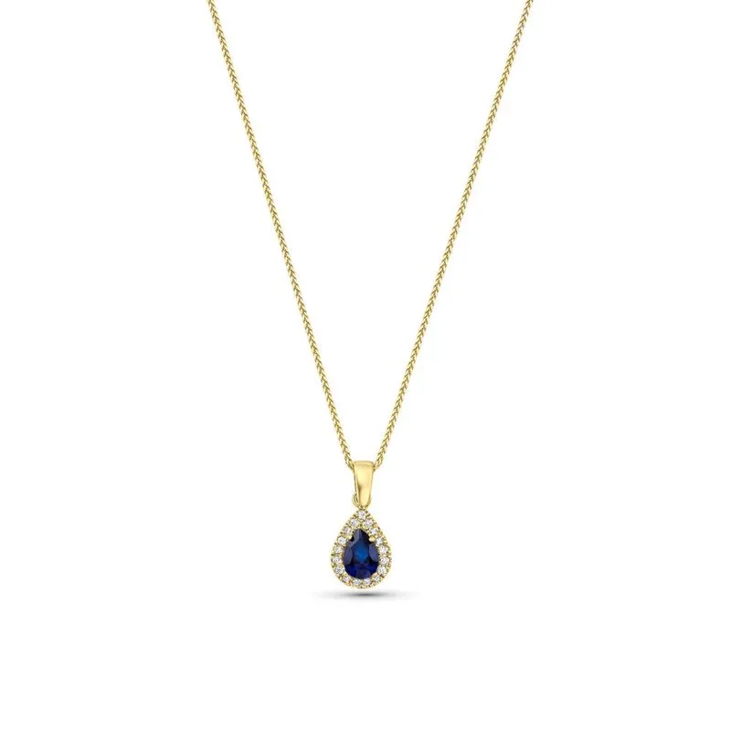 Yellow gold drop necklace with white zircons and a blue zircon in the center