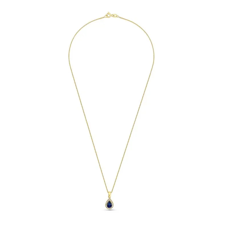 Yellow gold drop necklace with white zircons and a blue zircon in the center